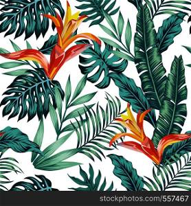 Trendy seamless vector pattern tropical composition exotic blue leaves and orange flowers on the white background. Summer realistic wallpaper