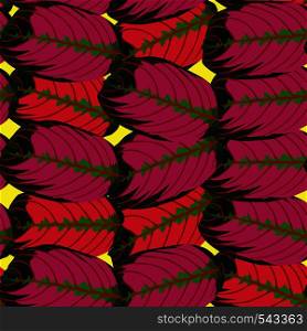 Trendy seamless vector repeat pattern of red begonia leaves on a yellow background. Hand drawn nature tropic foliage illustration.