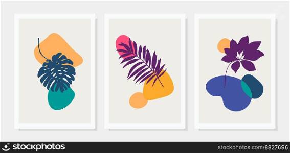 Trendy set of abstract square art posters with floral and geometric shapes. Trendy abstract posters art templates with leaves and geometric elements.