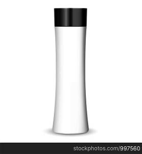 Trendy shape cosmetics bottle mockup in white color with black lid. Premium plastic package for cream, shampoo, shower gel isolated on white background. HQ 3d vector illustration.. Trendy shape cosmetics bottle mockup in white color with black lid.
