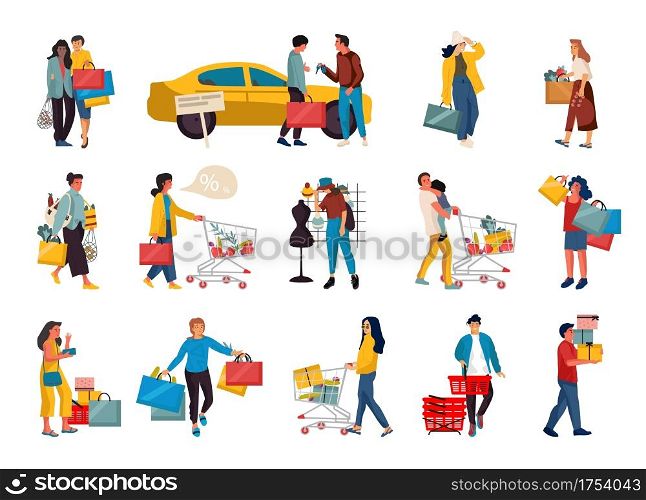 Trendy shopping people. Cartoon men and women making purchases in store. Isolated happy characters carrying bags and pushing carts. Customers buying clothes, food products or gifts. Vector shopaholics. Trendy shopping people. Cartoon men and women making purchases in store. Happy characters carrying bags and pushing carts. Customers buying clothes, food or gifts. Vector shopaholics