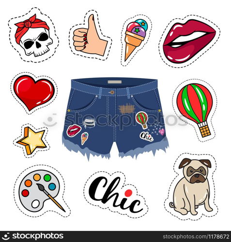 Trendy shorts. Chic woman denim short trousers, girl model ripped jeans shorts isolated on white background. Trendy jeans shorts
