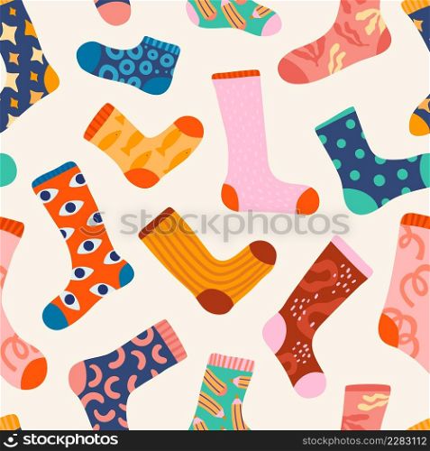 Trendy socks seamless pattern. Colorful designs cotton knee socking. Bright funny prints and ornaments. Casual legs knitwear. Hipster style fashion. Cozy feet wear hosiery clothes. Vector background. Trendy socks seamless pattern. Colorful designs cotton knee socking. Funny prints and ornaments. Casual legs knitwear. Hipster style fashion. Feet wear hosiery clothes. Vector background