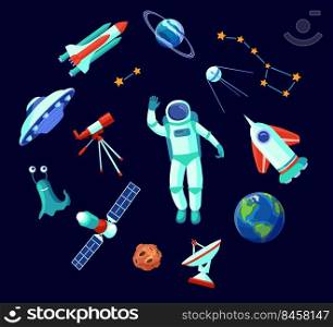 Trendy space elements flat pictures collection. Cartoon astronaut, UFO, alien, satellite, planets and stars isolated on white background vector illustrations. Galaxy and astronomy concept