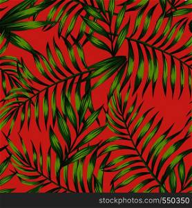 Trendy spring color living coral background green tropical leaves seamless vector summer pattern