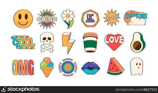 Trendy sticker pack. Cartoon doodle patches and st&s with abstract comic characters and text, trendy hipster badges with funny phrase. Vector set of graphic funny sticker and patch illustration. Trendy sticker pack. Cartoon doodle patches and st&s with abstract comic characters and text, trendy hipster badges with funny phrase. Vector set