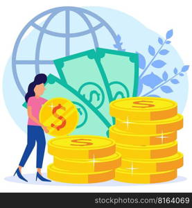 Trendy style vector illustration. Fees and funding, Rich finance to earn currency, capital concepts, investment, money transfer, e-commerce, economic success accounting. A lot of money coins.