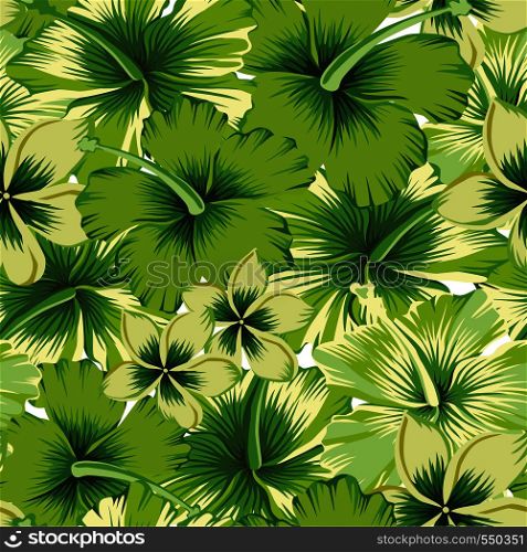 Trendy summer flowers plumeria (frangipani), hibiscus abstract lime color seamless vector background. Fresh spring pattern wallpaper