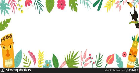 Trendy summer tropical banner with jungle leaves, toucan, tribal totems for invitations, greeting cards, web pages. Aloha, hawaiian, cocktail party. Trendy Hawaiian summer tropical banner with leaves
