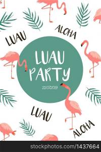 Trendy summer tropical banners with leaves and flamingos for invitations, greeting cards. Aloha, hawaiian, cocktail party. Trendy summer tropical banners for Hawaiian party
