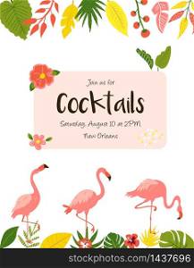 Trendy summer tropical banners with leaves and flamingos for invitations, greeting cards. Aloha, hawaiian, cocktail party. Trendy summer tropical banners for Hawaiian party