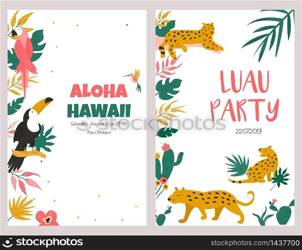 Trendy summer tropical banners with leaves, toucan, macaw, leopards for invitations, greeting cards. Aloha, hawaiian, cocktail party. Trendy summer tropical banners for Hawaiian party