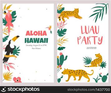 Trendy summer tropical banners with leaves, toucan, macaw, leopards for invitations, greeting cards. Aloha, hawaiian, cocktail party. Trendy summer tropical banners for Hawaiian party