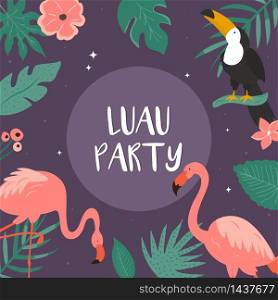 Trendy summer tropical banners with palm leaves, toucan and flamingos for invitations, greeting cards. Aloha, hawaiian, cocktail party. Trendy summer tropical banners for Hawaiian party