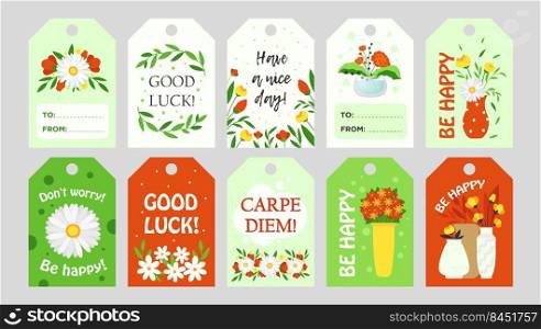 Trendy tags design with flowers. Bright graphic elements with greeting text and floral elements. Floristics and florist family shop concept. Template for greeting labels or invitation card