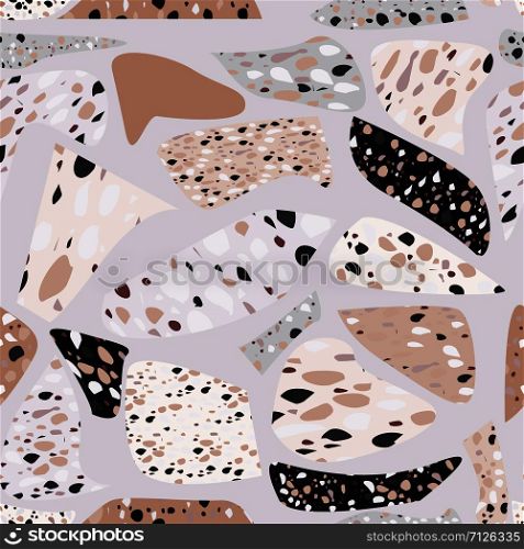 Trendy terrazzo seamless pattern. Chaotic stone pieces, granite fragments endless texture. Textile, tile design, fabric print, wrapping paper, wallpaper, flooring. Vector illustration.. Trendy terrazzo seamless pattern.