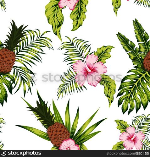 Trendy tropical botanical seamless vector pattern exotic trendy design hibiscus flowers, banana leaves and pineapple on the white background