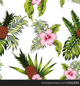 Trendy tropical botanical seamless vector pattern exotic trendy design hibiscus flowers, banana leaves and pineapple on the white background