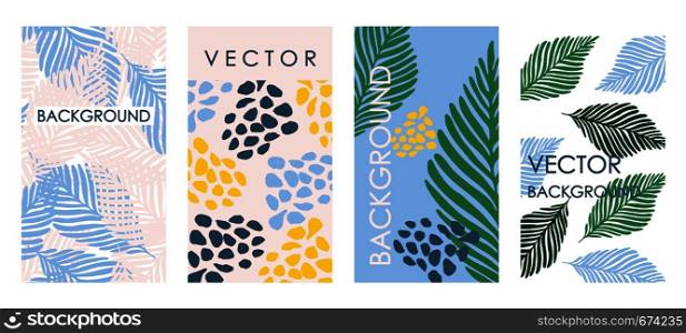 Trendy tropical leaves invitations and card template design. Abstract vector set of floral backgrounds for banners, posters, cover design templates. Trendy tropical leaves invitations and card template design.