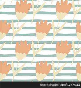 Trendy tulip seamless pattern on stripes background. Modern flower wallpaper. Abstract floral backdrop. Design for fabric, textile print, wrapping paper, cover. Fashion vector illustration. Trendy tulip seamless pattern on stripes background. Modern flower wallpaper. Abstract floral backdrop.