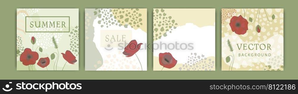 Trendy vector abstract square set templates with floral elements and plants. Suitable for publications in social networks and mobile applications. Vector floral backgrounds spring and summer, discounts and sales 