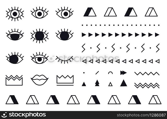 Trendy vector geometric shapes set in 80s style. Memphis graphic elements on white background for banner, poster or flyer. Set includes triangle, eyes, lips, crown, border in line design. Trendy vector geometric shapes set in 80s style. Memphis graphic elements on white background for banner, poster or flyer. Set includes triangle, eyes, lips, crown, border in line design.