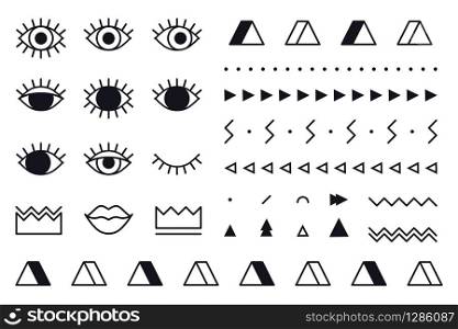 Trendy vector geometric shapes set in 80s style. Memphis graphic elements on white background for banner, poster or flyer. Set includes triangle, eyes, lips, crown, border in line design. Trendy vector geometric shapes set in 80s style. Memphis graphic elements on white background for banner, poster or flyer. Set includes triangle, eyes, lips, crown, border in line design.