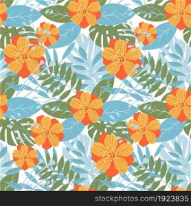 Trendy vector pattern of blue and green tropical leaves and plants with orange flowers. Seamless floral spring and summer design over white background.. tropical leaves and plants with orange flowers