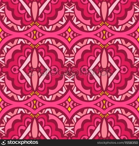 Trendy vector wallpaper. Vintage pink fabric decor. Vector mexican holiday decoration. Fabric texture colorful. Ornamental repeating background texture. Fabric, cloth design, wallpaper, wrapping. Vintage cute pink tile art seamless pattern. Ethnic geometric print.