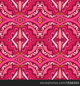 Trendy vector wallpaper. Vintage pink fabric decor. Vector mexican holiday decoration. Fabric texture colorful. Ornamental repeating background texture. Fabric, cloth design, wallpaper, wrapping. Vintage cute pink tile art seamless pattern. Ethnic geometric print.