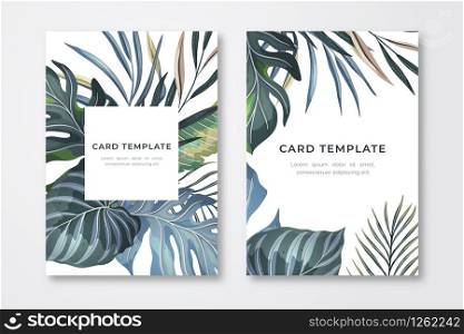 Trendy vector wedding invitation, card template with tropical exotic leaves. Wedding floral set. Vector card, banner.