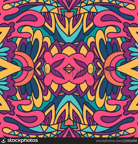 Trendy wallpaper. Carnival colorful pattern fabric. Psychedelic creative layout. Fashion ethnic design.. Ethnic seamless pattern. Vector tribal background. Aztec and indian style, vintage print.