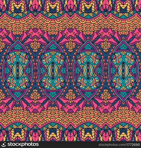 Trendy wallpaper. Fabric texture colorful. Creative layout. Fashion ethnic design.. Vector seamless pattern ethnic tribal floral psychedelic colorful print