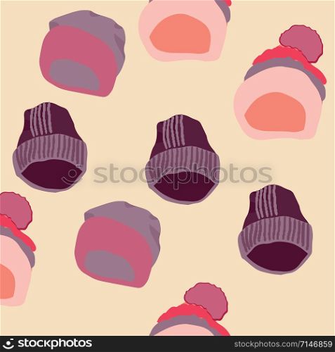Trendy winter headwear pink knitted hats seamless pattern on beige background. Web, wrapping paper, textile, wallpaper design, background fill.. Trendy winter headwear pink knitted hats seamless pattern on beige background