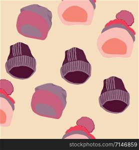 Trendy winter headwear pink knitted hats seamless pattern on beige background. Web, wrapping paper, textile, wallpaper design, background fill.. Trendy winter headwear pink knitted hats seamless pattern on beige background