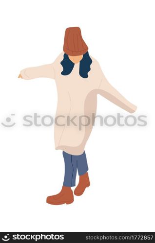 Trendy woman. Cartoon girl walking alone. Isolated person wears modern warm casual clothes and hat. Young female character spends time outdoors. Cute teenager waves hands. Vector stylish urban outfit. Trendy woman. Cartoon girl walking alone. Isolated person wears modern warm casual clothes and hat. Female character spends time outdoors. Cute teenager waves hands. Vector urban outfit