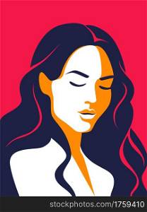 Trendy woman poster. Minimalist portrait. Young female with closed eyes and long loose hair. Contemporary art banner. Beautiful girl, sensual lady face. Feminine fashion model. Vector illustration. Trendy woman poster. Minimalist portrait. Female with closed eyes and long loose hair. Contemporary art banner. Beautiful sensual lady face. Feminine fashion model. Vector illustration