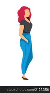Trendy woman standing semi flat color vector character. Standing figure. Full body person on white. Happy girl isolated modern cartoon style illustration for graphic design and animation. Trendy woman standing semi flat color vector character