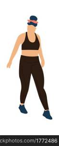 Trendy woman walking. Cartoon female in wears sport clothing. Cute young character in black leggings and top. Modern outfit for fitness workout. Isolated girl training in gym. Vector casual sportswear. Trendy woman walking. Cartoon female in wears sport clothing. Young character in black leggings and top. Modern outfit for fitness workout. Girl training in gym. Vector casual sportswear