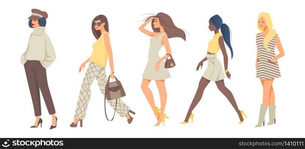 Trendy women. Cartoon stylish girl characters wearing stylish casual and hipster fashion clothes. Vector illustration collection of diverse models with handbag in trend on white. Trendy women. Cartoon stylish girl characters wearing stylish casual and hipster fashion clothes. Vector collection of diverse models in trend
