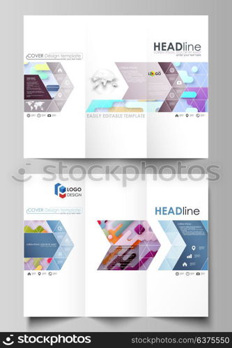 Tri-fold brochure business templates. Abstract vector design layout. Bright color lines and dots, colorful minimalist backdrop with geometric shapes forming beautiful minimalistic background.. Tri-fold brochure business templates on both sides. Easy editable abstract vector layout in flat design. Bright color lines and dots, colorful minimalist backdrop with geometric shapes forming beautiful minimalistic background.