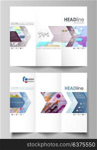 Tri-fold brochure business templates. Abstract vector design layout. Bright color lines and dots, colorful minimalist backdrop with geometric shapes forming beautiful minimalistic background.. Tri-fold brochure business templates on both sides. Easy editable abstract vector layout in flat design. Bright color lines and dots, colorful minimalist backdrop with geometric shapes forming beautiful minimalistic background.