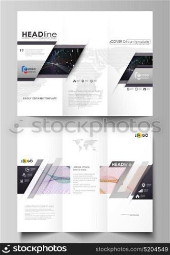 Tri-fold brochure business templates. Easy editable vector layout. Colorful abstract design infographic background in minimalist style with lines, symbols, charts, diagrams and other elements.. Tri-fold brochure business templates on both sides. Easy editable abstract vector layout in flat design. Colorful abstract infographic background in minimalist style made from lines, symbols, charts, diagrams and other elements.