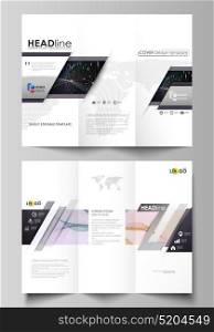 Tri-fold brochure business templates. Easy editable vector layout. Colorful abstract design infographic background in minimalist style with lines, symbols, charts, diagrams and other elements.. Tri-fold brochure business templates on both sides. Easy editable abstract vector layout in flat design. Colorful abstract infographic background in minimalist style made from lines, symbols, charts, diagrams and other elements.