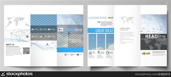 Tri-fold brochure business templates. Easy editable vector layout. Blue color abstract design infographic background in minimalist style with lines, symbols, charts, diagrams and other elements.. Tri-fold brochure business templates on both sides. Easy editable abstract vector layout in flat design. Blue color abstract infographic background in minimalist style made from lines, symbols, charts, diagrams and other elements.