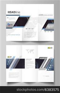 Tri-fold brochure business templates. Easy editable vector layout in flat style. Abstract polygonal background with hexagons, illusion of depth. Black color geometric design, hexagonal geometry.. Tri-fold brochure business templates on both sides. Easy editable abstract vector layout in flat design. Abstract polygonal background with hexagons, illusion of depth and perspective. Black color geometric design, hexagonal geometry.