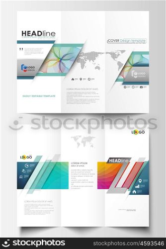 Tri-fold brochure business templates on both sides. Easy editable layout in flat style, vector illustration. Colorful design background with abstract shapes and waves, overlap effect