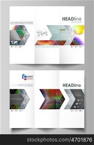 Tri-fold brochure business templates on both sides. Easy editable abstract layout in flat design, vector illustration. Colorful design background with abstract shapes, bright cell backdrop.