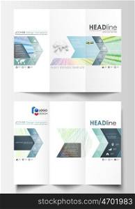 Tri-fold brochure business templates on both sides. Easy editable layout in flat style, vector illustration. Colorful background with abstract waves, lines. Bright color curves. Motion design