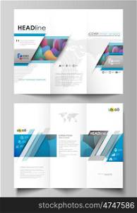 Tri-fold brochure business templates on both sides. Easy editable abstract layout in flat design, vector illustration. Bright color pattern, colorful design with overlapping shapes forming abstract beautiful background.